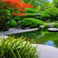 A tranquil Japanese Zen garden with a meditation area, bamboo fencing, and a koi pond4