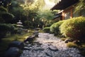 Tranquil Japanese Zen garden with meticulously raked gravel, lush greenery, and stone elements, representing peace and harmony.