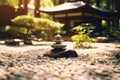 Tranquil Japanese Zen garden with meticulously raked gravel, lush greenery, and stone elements, representing peace and harmony.