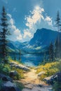 Tranquil Journey: A Scenic Mountain Lake Trail on a Sunny Summer Royalty Free Stock Photo