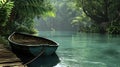 Tranquil jungle riverboat, misty forest, dock Royalty Free Stock Photo