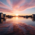 Tranquil 8K Sunset Lakeside Reflection with Modern Cabins Royalty Free Stock Photo