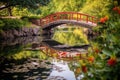 Tranquil Koi Pond with Bridge on Calm Afternoon