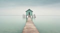 Tranquil Lagoon: A Green Floating Pier With A Small Blue House