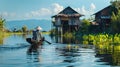 A tranquil lake in Asia, with a stilt house and rower. Generative AI