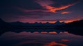 A tranquil lake with calm waters, a mountain range in the distance, and a vibrant sunset night sky, beautiful mountain landscape