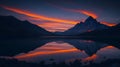 A tranquil lake with calm waters, a mountain range in the distance, and a vibrant sunset night sky, beautiful mountain landscape