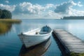 Tranquil Lake Harmony with Solitary Boat and Rustic Pier. Concept Lake Views, Boat Photography,