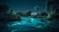 Tranquil lake illuminated by beautiful nighttime lights, AI-generated.