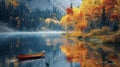 A tranquil lake its crystalclear waters reflecting the vibrant hues of the autumn trees that surround it. A lone kayak