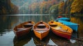 Tranquil lake landscape, boats gently moored on the calm and serene water surface