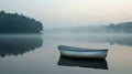 A tranquil lake with a lone rowboat, framed by early morning mist Royalty Free Stock Photo