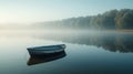 A tranquil lake with a lone rowboat, framed by early morning mist Royalty Free Stock Photo