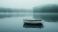 A tranquil lake with a lone rowboat, framed by early morning mist Royalty Free Stock Photo