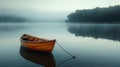A tranquil lake with a lone rowboat, framed by early morning mist Royalty Free Stock Photo