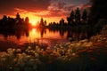 Tranquil lake reflecting the fiery hues of a setti