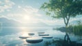 A tranquil lake scene with stepping stones, mountains, and a tree at the water\'s edge Royalty Free Stock Photo