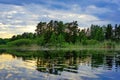 A tranquil lake scene with trees and reflections under a cloudy sky Royalty Free Stock Photo