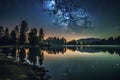 tranquil lake and starry night sky