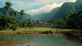 Tranquil lake surrounded by majestic mountain peaks with an idyllic house, AI-generated. Royalty Free Stock Photo