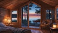 A tranquil lakeside cabin bedroom with neon lights casting a serene reflection on the