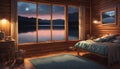 A tranquil lakeside cabin bedroom with neon lights casting a serene reflection on the water.