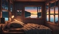 A tranquil lakeside cabin bedroom with neon lights casting a serene reflection on the 5 (3)