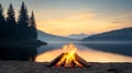 Tranquil lakeside campfire sunset reflected in still water with mountain view Royalty Free Stock Photo