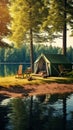 Tranquil lakeside campsite with cozy tent under shade of trees by calm water reflecting surroundings