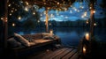 tranquil lakeside at dusk with wooden dock, starry canopy, and full moon reflection