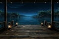 Tranquil lakeside at dusk wooden dock, starry canopy, and full moon reflection in serene ambiance