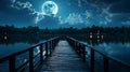 Tranquil lakeside at dusk wooden dock, starry night, radiant full moon s ethereal glow