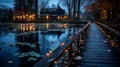 Tranquil lakeside at dusk wooden dock, starry sky, and full moon reflection casting warm glow Royalty Free Stock Photo