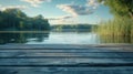 Tranquil lakeside elegance: Wooden jetty embraced by the beauty of lush greenery
