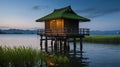 Peaceful Twilight Scenery: A Japanese House Nestled on a Lake with Water Reflection Royalty Free Stock Photo