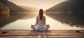 Tranquil Lakeside Meditation: Woman Embraces Morning Serenity. Generative ai