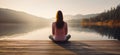 Tranquil Lakeside Meditation: Woman Embraces Morning Serenity. Generative ai