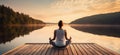Tranquil Lakeside Meditation: Woman Embraces Morning Serenity. Generative ai