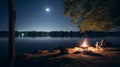 A tranquil lakeside at night, with a full moon reflecting in the calm waters