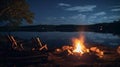 A tranquil lakeside at night, with a full moon reflecting in the calm waters