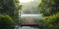 Tranquil lakeside perspective: Wooden jetty stands out in the embrace of lush greenery