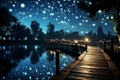 tranquil lakeside retreat wooden dock under starry night sky with full moon reflection Royalty Free Stock Photo