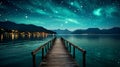 Tranquil lakeside scene at dusk with wooden dock, shimmering stars, and radiant full moon