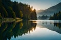 A tranquil lakeside scene, with mist rising from the water as the sun