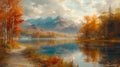 a tranquil lakeside scene, where a footpath skirts the water\'s edge, offering glimpses of reflections of fall foliage