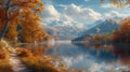 a tranquil lakeside scene, where a footpath skirts the water\'s edge, offering glimpses of reflections of fall foliage