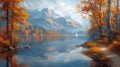 a tranquil lakeside scene, where a footpath skirts the water\'s edge, offering glimpses of reflections of fall foliage