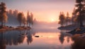 Tranquil Lakeside View at Dawn with Calm Waters Reflecting the Soft Hues of the Rising Sun and Dista