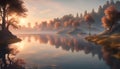 Tranquil Lakeside View at Dawn with Calm Waters Reflecting the Soft Hues of the Rising Sun and Dista