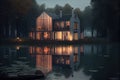 a tranquil lakeside view of a modern house with lighted windows and lanterns